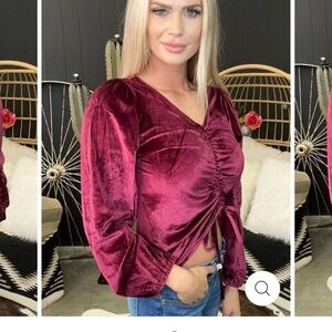 Sterling Kreek Velvet Ruched Burgundy Top - size Large - new without tags